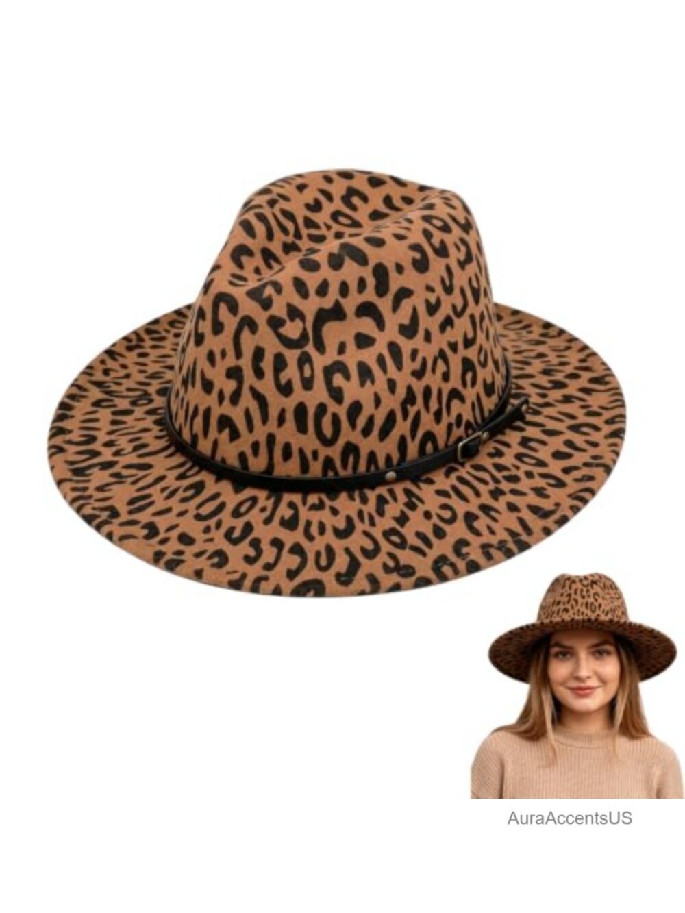 Wool Blend Wide Brim Fedora Hat with Leopard Print Belt